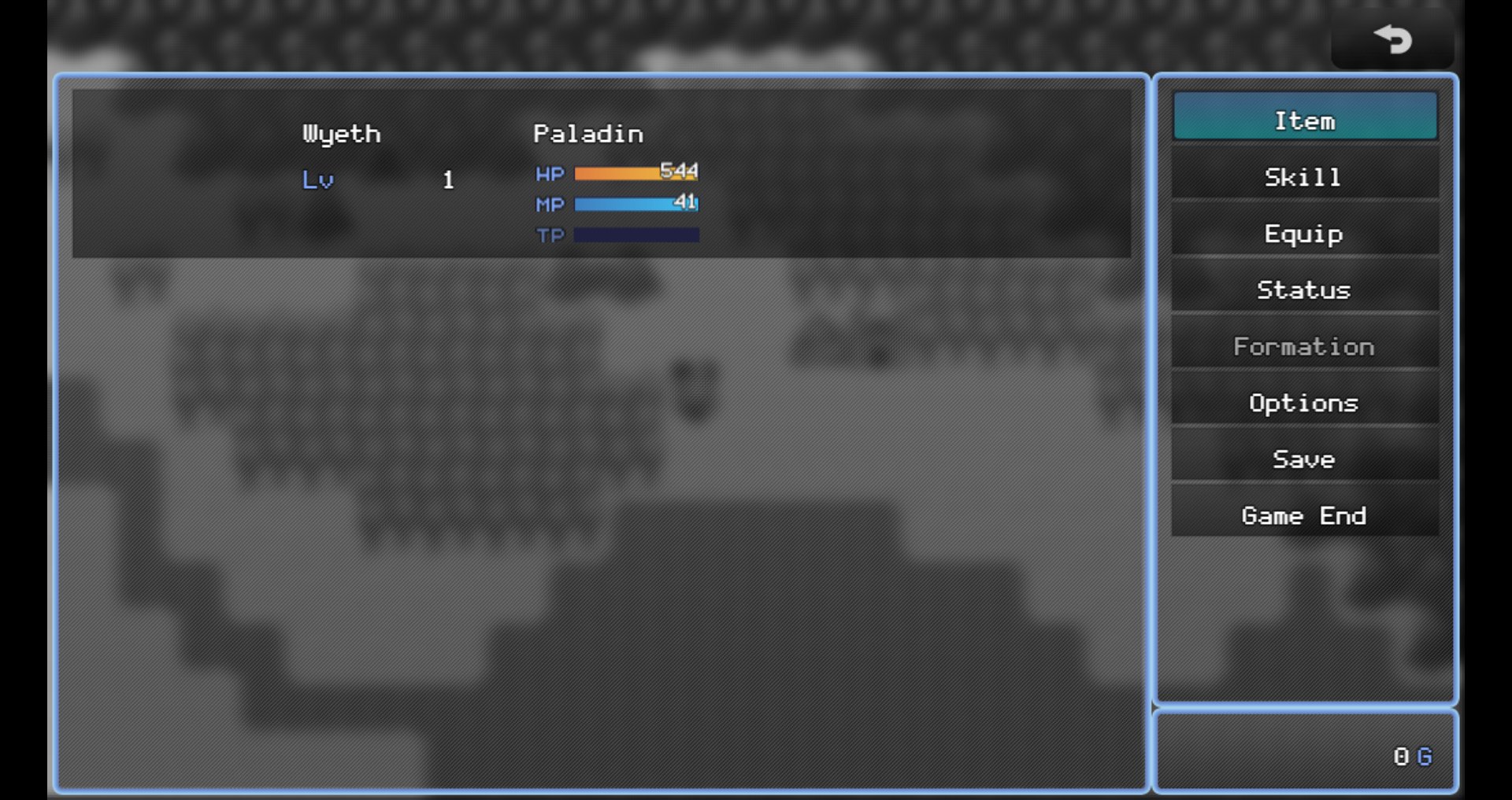 Video game screenshot of a field menu in typical RPG Maker MZ style. The window on the left takes up most of the screen. Near the top it shows basic status info for the heroine: her name is Wyeth, and she's a level 1 paladin with 544 HP, 41 MP, and no TP. The HP and MP bars stand out as pops of fire orange and ocean blue, respectively, on an otherwise grayscale screen.
The window on the right is narrower, and lists menu commands: Item, Skill, Equp, Status, Formation (this one's grayed out), Options, Save, and Game End.
Below this window is a small window displaying the heroine's money: 0 gold.
In the top right corner of the screen, there's an arrow bent backward, providing a way for players using a mouse or touch screen to exit the menu.
The windows of the field menu are translucent. Through the back of them, a blurry image can be seen: it's the heroine standing on the overworld map.