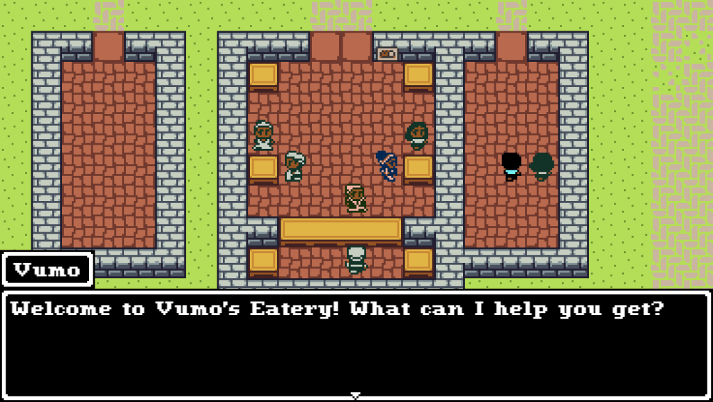 Screenshot of a town in a retro-style game with a top-down view. An enchantress has walked into a restaurant with 4 dining tables, some of which people are sitting at. The enchantress speaks to the host at the counter. A text box shows that the host says, "Welcome to Vumo's Eatery! What can I help you get?"