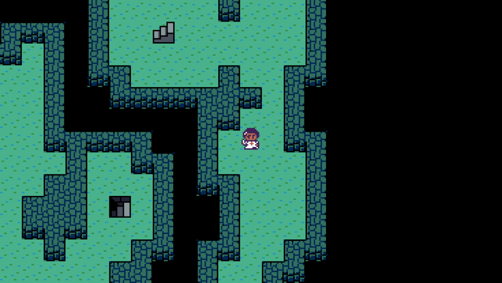 Screenshot of a retro-style RPG with a top-down view. A woman in a white robe adorned with a medic's cross holds a knife. She walks through an eerie, blue-green cave. Behind her is a staircase going up toward the surface. Around the bend, just out of her line of sight, is a staircase going deeper down into the cave.