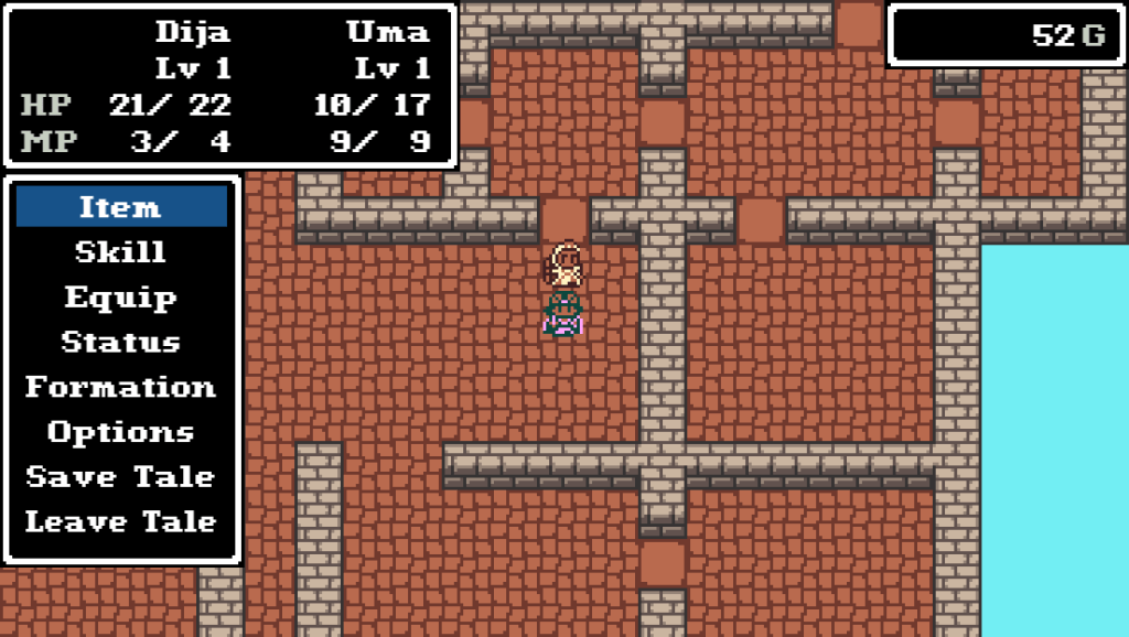 Top-down view in an NES-style retro RPG. Two adventurers explore the upper floor of an abandoned fortress. The young woman in front wears a tan helmet and a pink cape, and wields a shortsword. Behind her is a woman carrying a simple wooden staff and wearing a flowing robe and a headwrap. A menu to the side of them is open, and a status window above them reveals that their names are Dija and Uma, respectively. Both are level 1 and have endured some mild battle wounds.