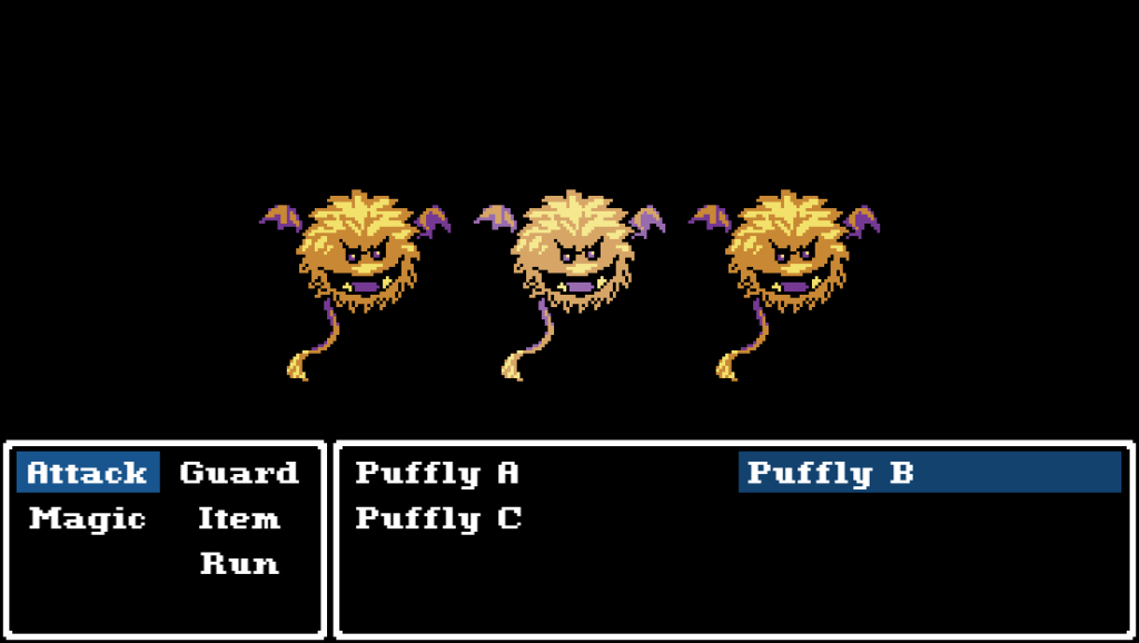 Battle screen in a retro-style turn-based game. The player has selected "Attack", and is being prompted to select a monster to attack. The monsters, labeled Puffly A, Puffly B, and Puffly C in the menu, look like yellow puff balls with little purple bat wings and long tails. They grin mischievously.