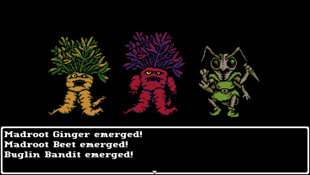 A screenshot from a retro-style RPG. Three monsters on a black screen face the viewer. Below them, a window announces their arrival: "Madroot Ginger emerged! Madroot Beet emerged! Buglin Bandit emerged!" The Madroot Ginger looks like a giant carrot with two legs and a tail. It has bushy green foliage on top, wild eyes, and a gaping mouth with little teeth. The Madroot Beet, in the middle of the lineup, is also a root creature. Its root body is red and its foliage is dark purple. It has stout arms that look like they pack a wallop! On the right is the Buglin Bandit, a gray ant-man holding a pointy dagger in one of its four arms. It's wearing a green tunic and boots that match its compound eyes.
