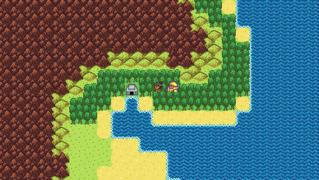 Screenshot from a retro-style RPG with a top-down view of the wilderness. The heroine in blue and the warrior in brass armor journey along a mountainous coast filled with trees. They approach a large building.