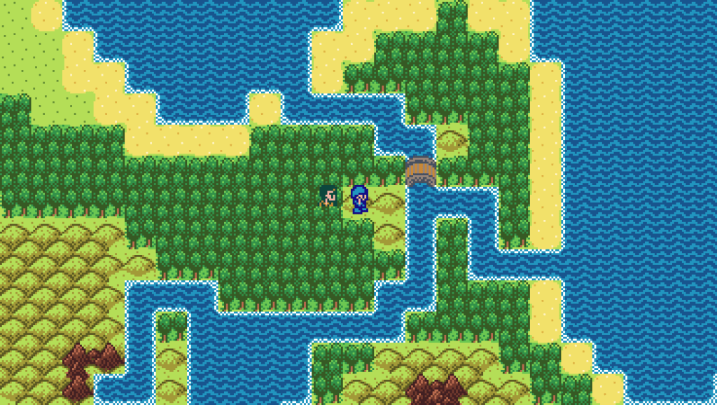 Screenshot from a retro-style top-down video game. A soldier in blue armor and a man wearing a brown cape emerge from the forest and climb onto a hill. The bridge in front of them spans a river; the river forks just south of the bridge.