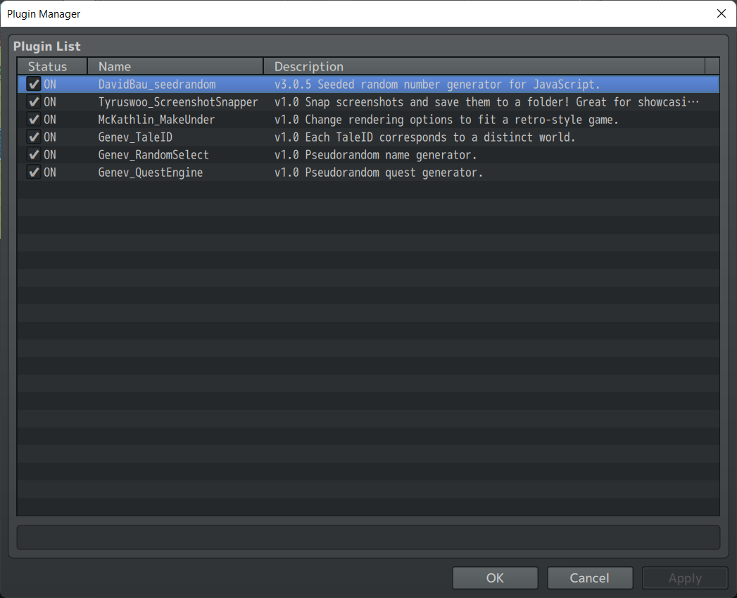 A screenshot of the game's plugin list in RPG Maker MZ. Listed are DavidBau_seedrandom, Tyruswoo_ScreenshotSnapper, McKathlin_MakeUnder, Genev_TaleID, Genev_RandomSelect, and Genev_QuestEngine.